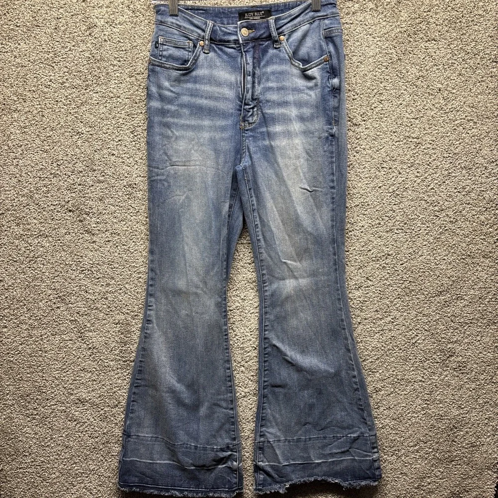 Judy Blue Flare Women's 9/29x31 Jeans Raw Frayed High Rise Light Wash Distressed